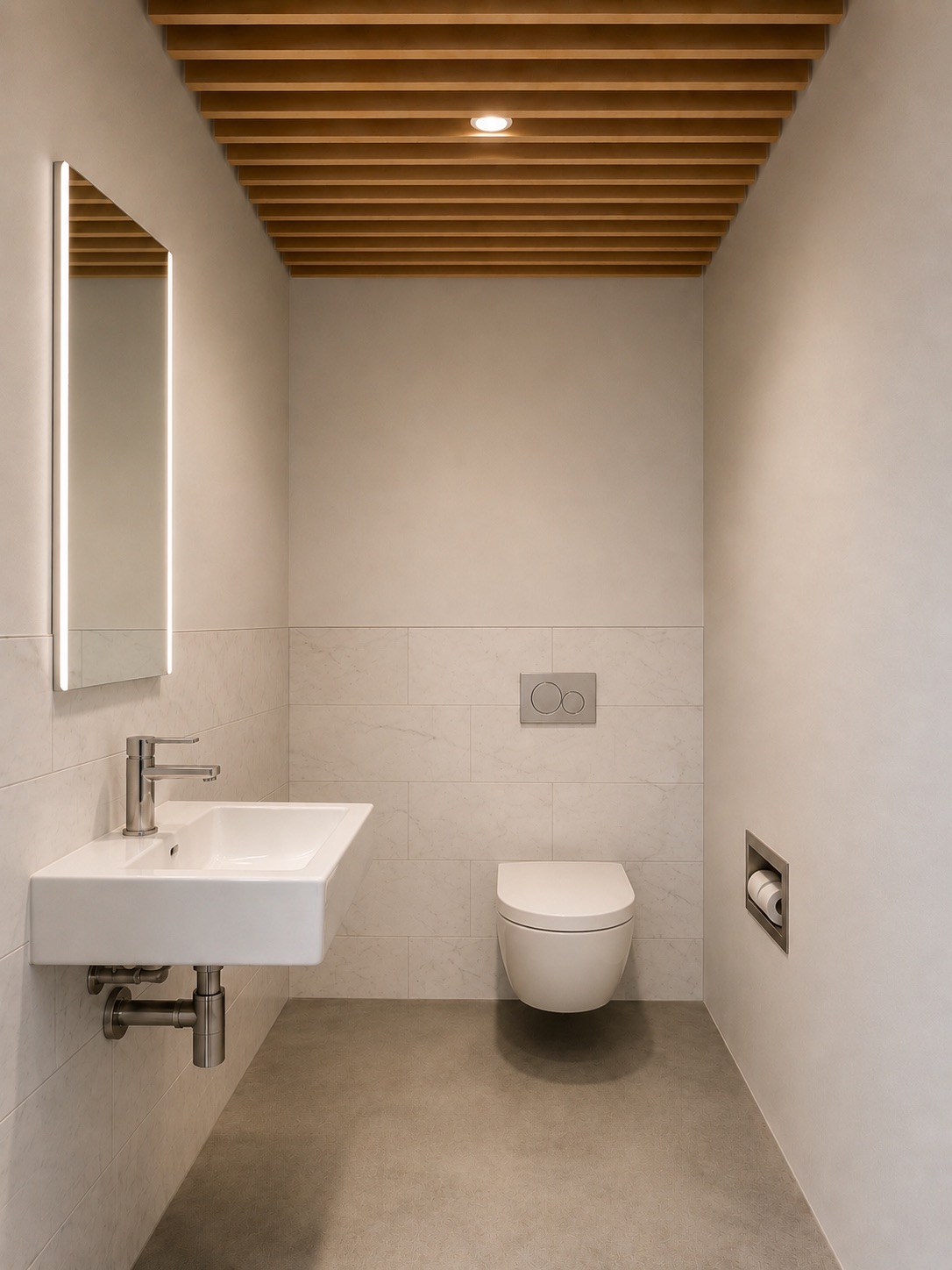 Marble-tiled restroom with wood slat ceiling at 52 Greene Street